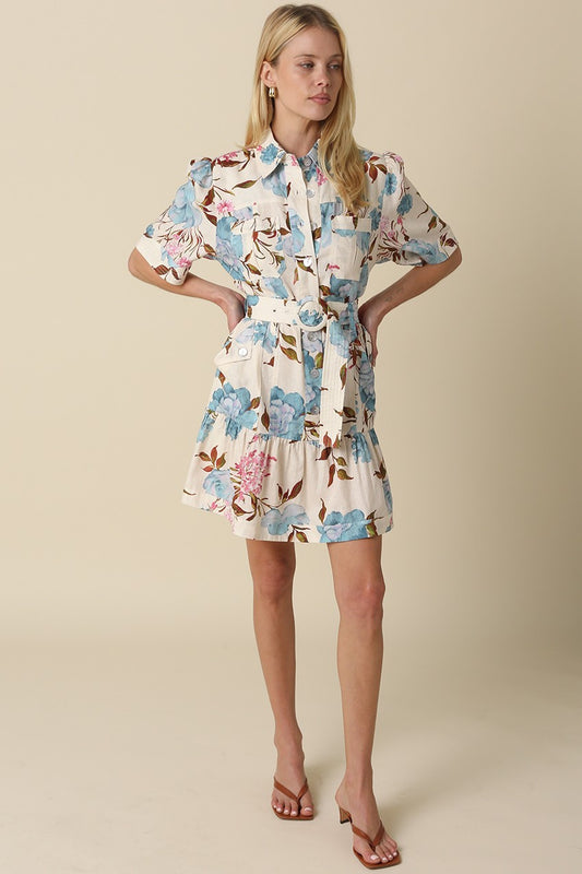 Floral linen-blend dress with button-down front, matching belt, and puff sleeves with ruffled hems.