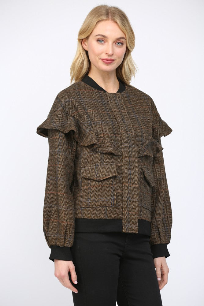 Women’s herringbone bomber jacket with ruffle detail and wool-blend fabric.