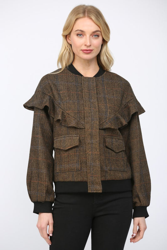 Women’s herringbone bomber jacket with ruffle detail and wool-blend fabric.