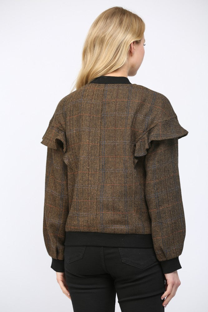 Women’s herringbone bomber jacket with ruffle detail and wool-blend fabric.