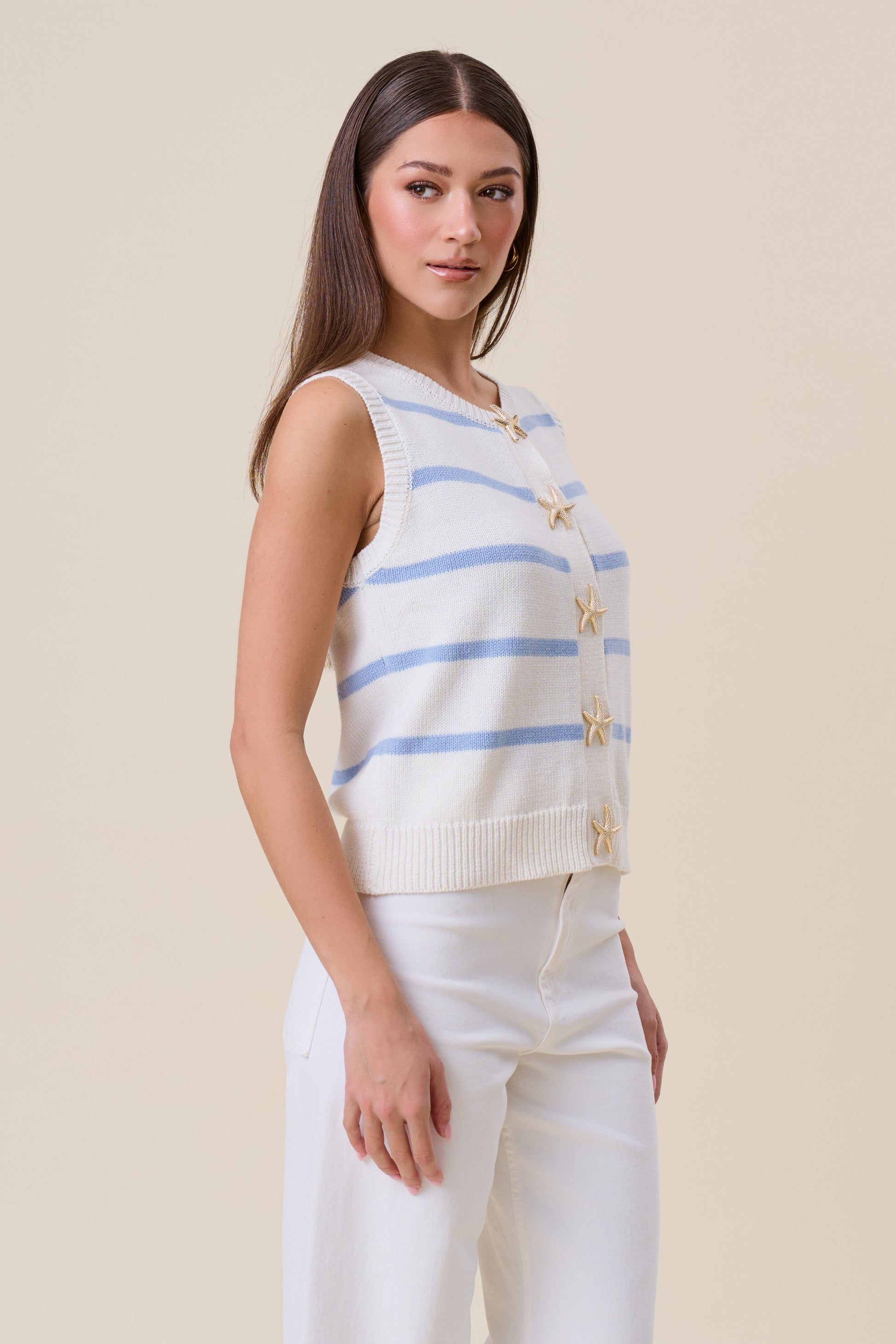 Starfish Striped Knit Vest features nautical stripes, starfish buttons, and a lightweight sleeveless sweater design