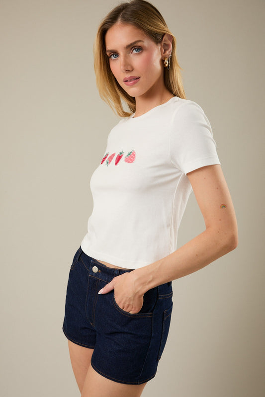 Strawberry Embroidered Cropped Tee