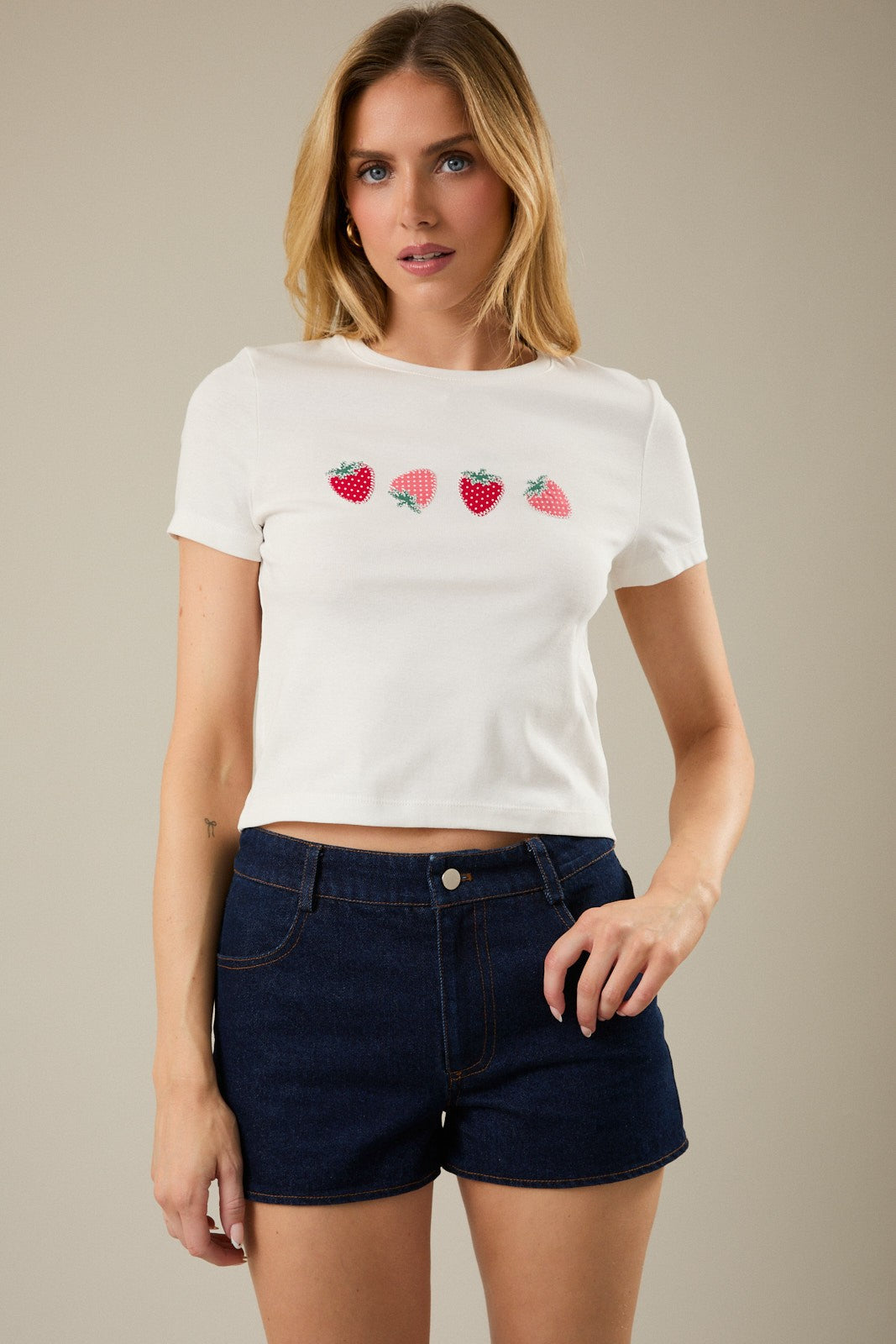 Strawberry Embroidered Cropped Tee