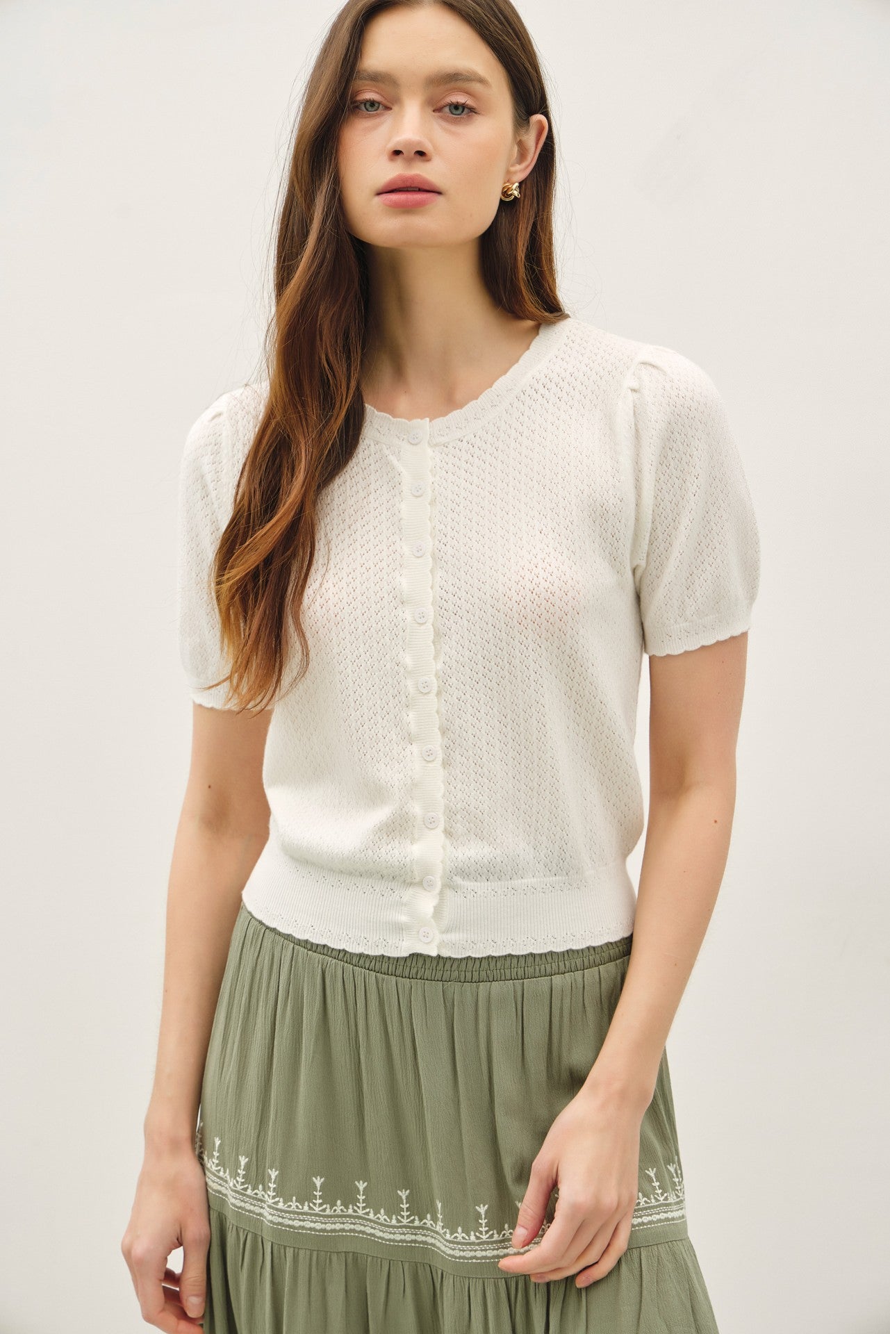 Lightweight pointelle short sleeve cardigan with scalloped edges and button front.