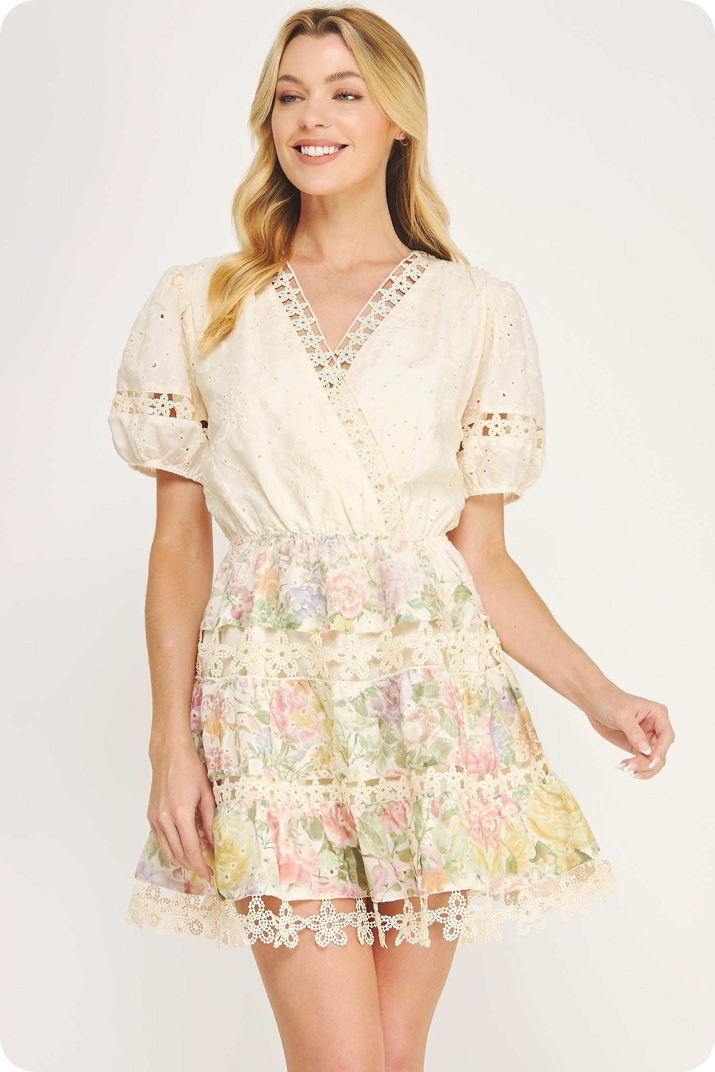 eyelet lace mini dress with puff sleeves, scalloped crochet trim, and a flattering cinched waist
