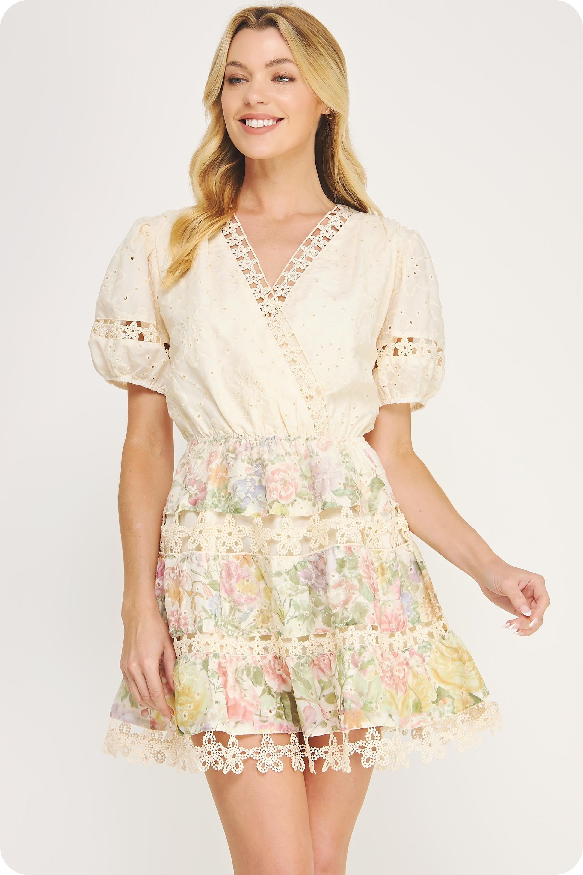 eyelet lace mini dress with puff sleeves, scalloped crochet trim, and a flattering cinched waist