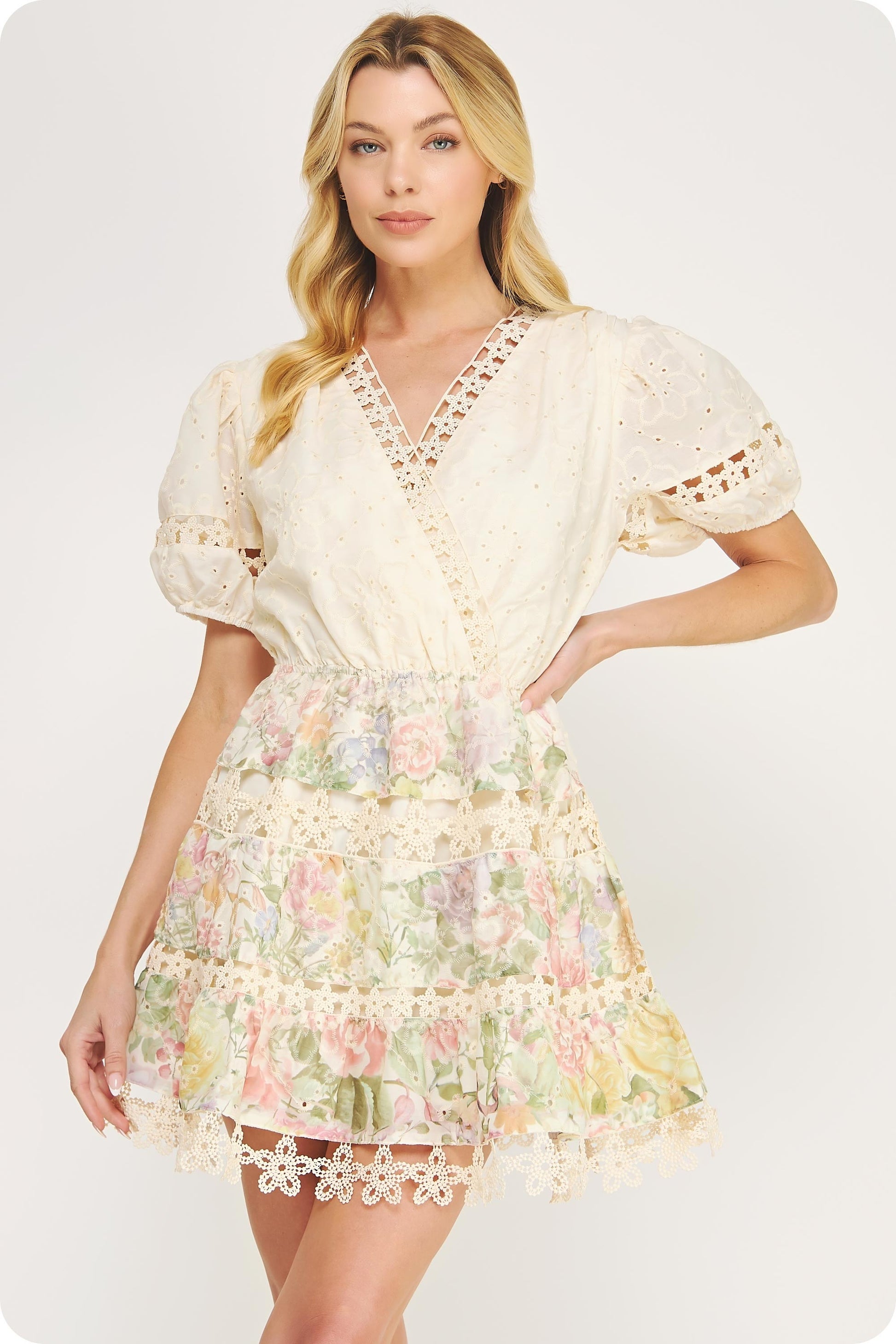 eyelet lace mini dress with puff sleeves, scalloped crochet trim, and a flattering cinched waist