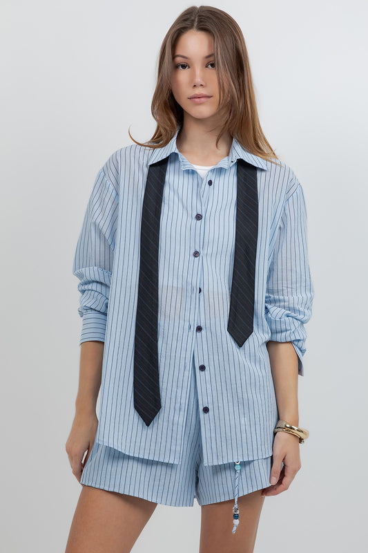  Pinstripe Shirt combines classic sophistication with a detachable contrast neck 