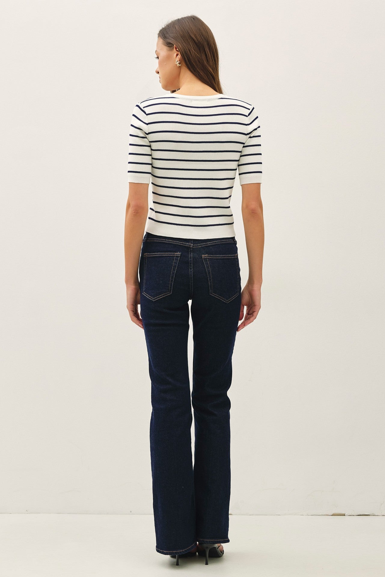 Striped short sleeve cardigan with gold buttons and scoop neckline