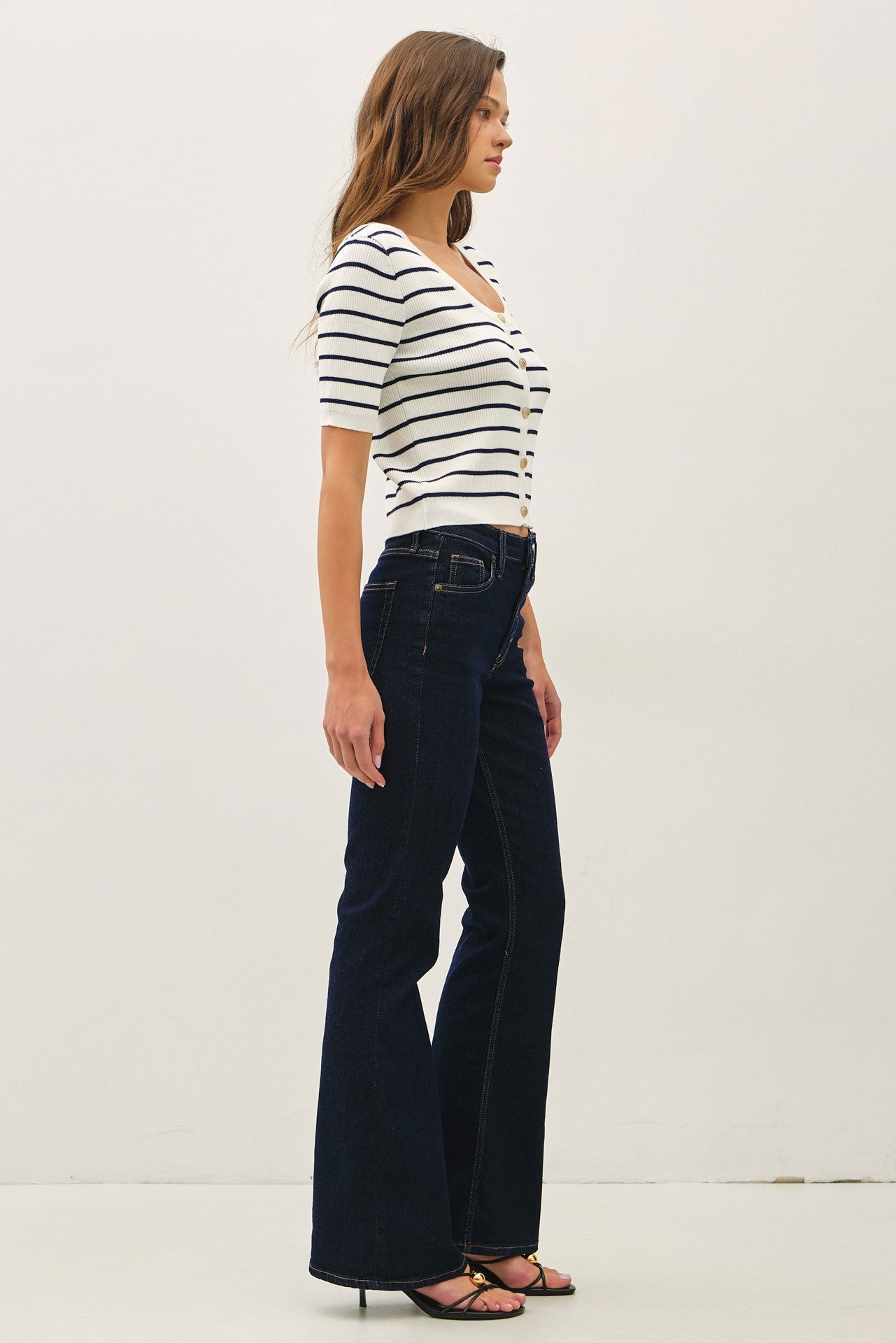 Striped short sleeve cardigan with gold buttons and scoop neckline
