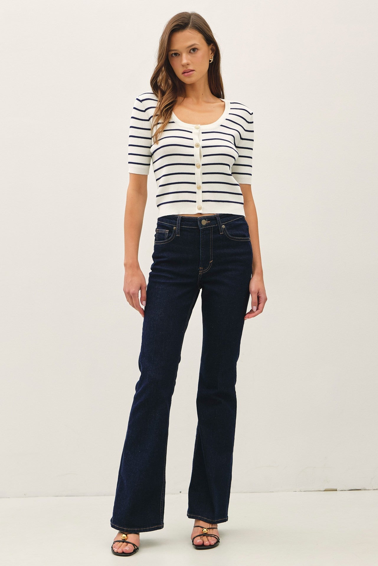 Striped short sleeve cardigan with gold buttons and scoop neckline