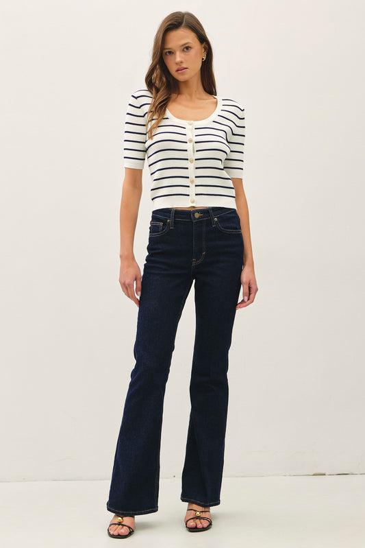 Striped short sleeve cardigan with gold buttons and scoop neckline