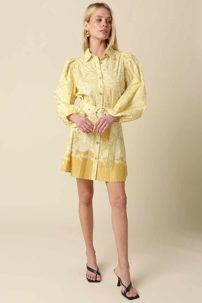 Yellow and white button-down shirt dress with belt