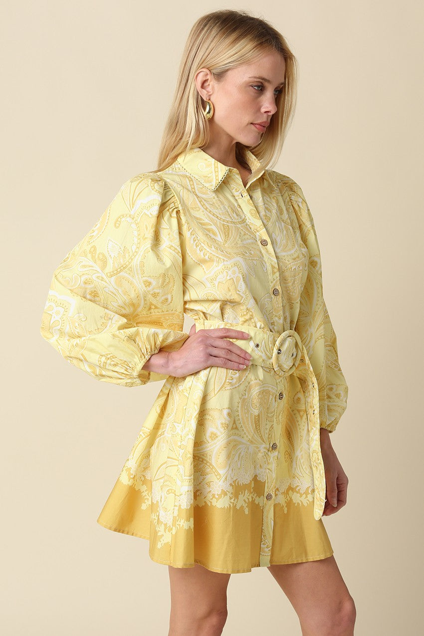 Yellow and white button-down shirt dress with belt