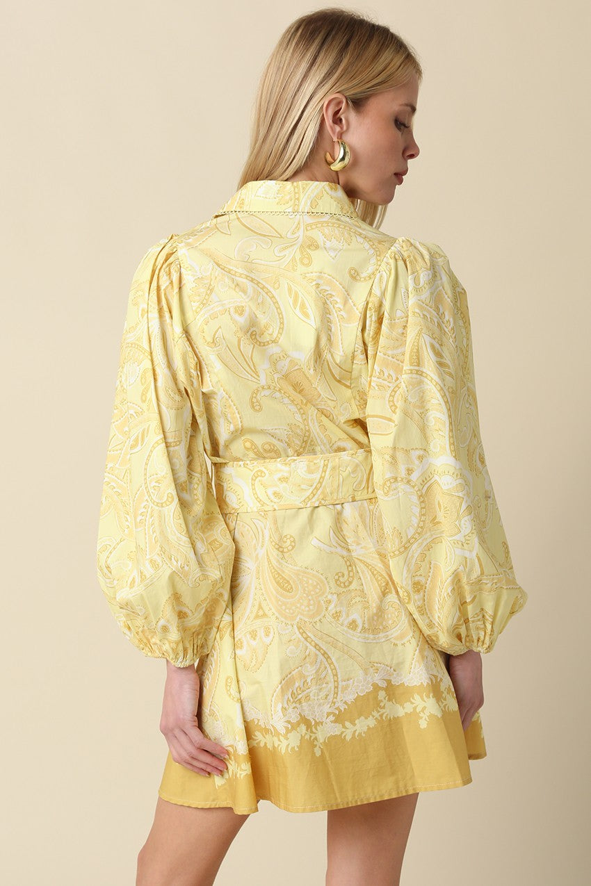 Yellow and white button-down shirt dress with belt