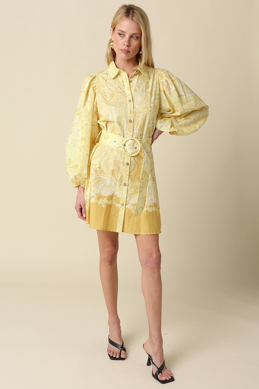 Yellow and white button-down shirt dress with belt