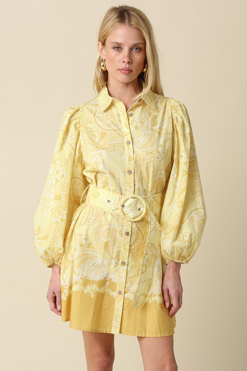 Yellow and white button-down shirt dress with belt