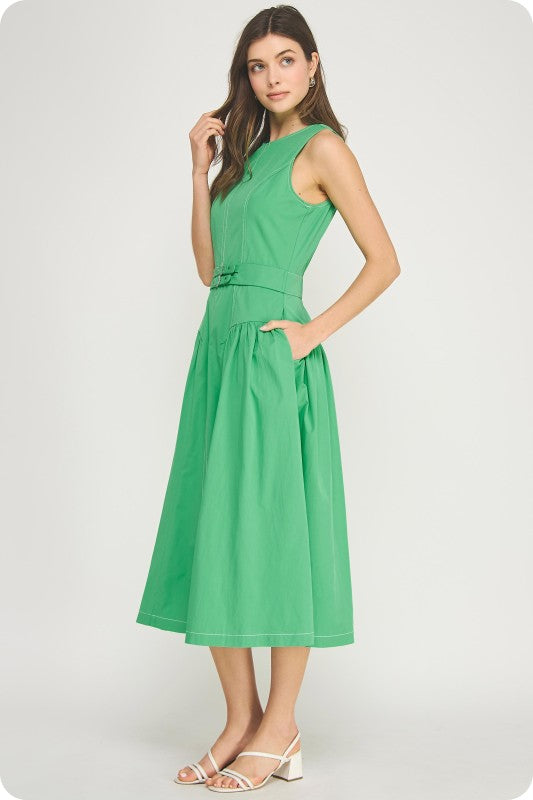 sleeveless poplin midi dress with contrast topstitching, double buckle waist detail, and A-line silhouette