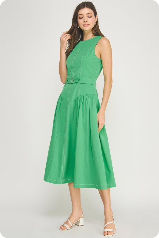 sleeveless poplin midi dress with contrast topstitching, double buckle waist detail, and A-line silhouette