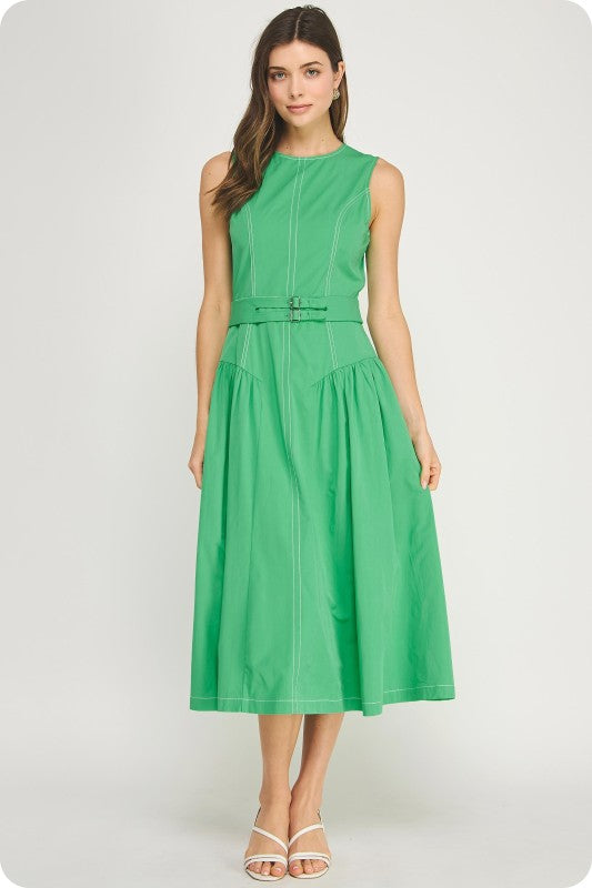 sleeveless poplin midi dress with contrast topstitching, double buckle waist detail, and A-line silhouette