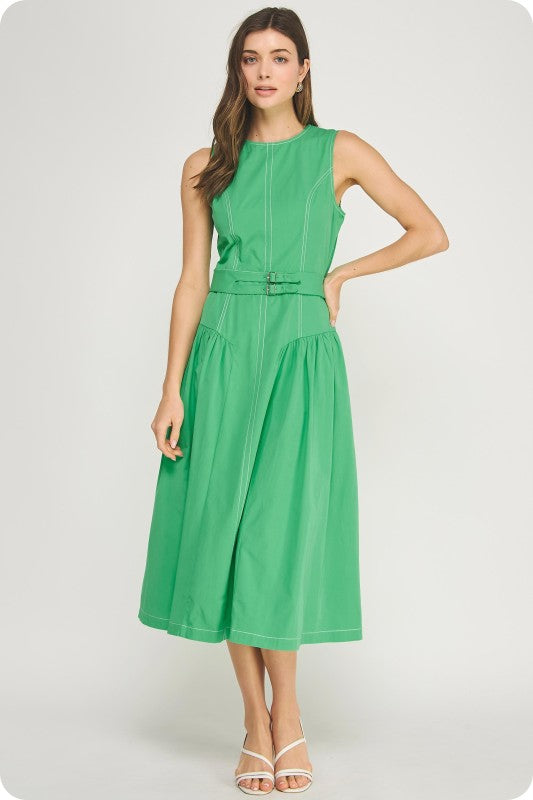 sleeveless poplin midi dress with contrast topstitching, double buckle waist detail, and A-line silhouette
