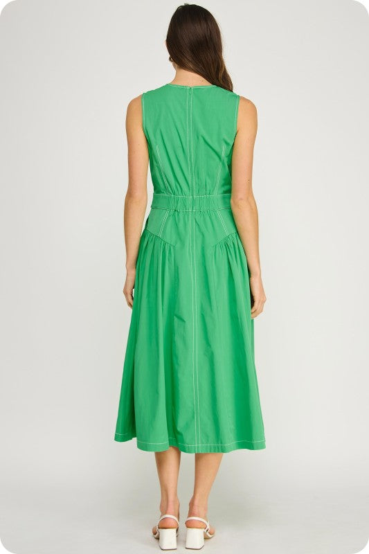 sleeveless poplin midi dress with contrast topstitching, double buckle waist detail, and A-line silhouette
