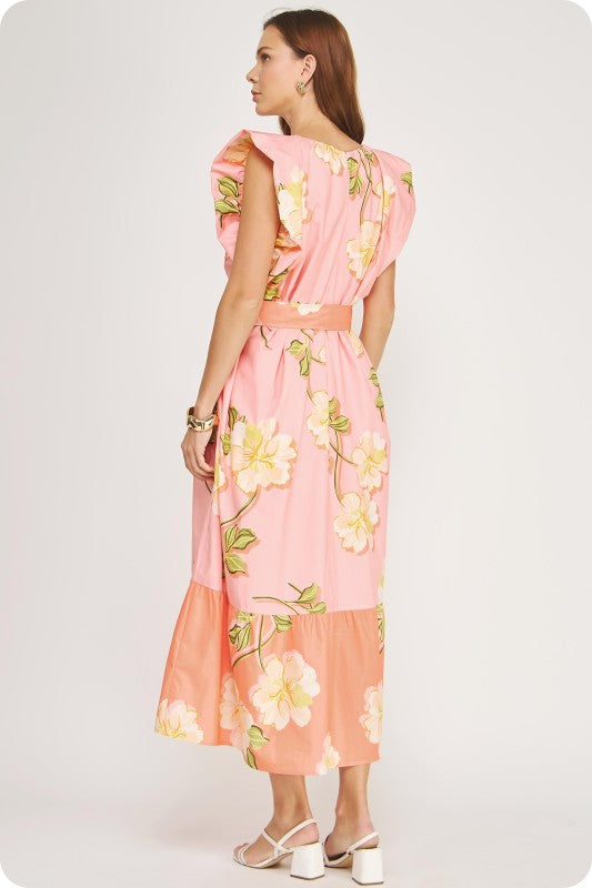 V-neck tropical hibiscus midi dress with ruffle sleeves, a tiered skirt, and a removable sash belt