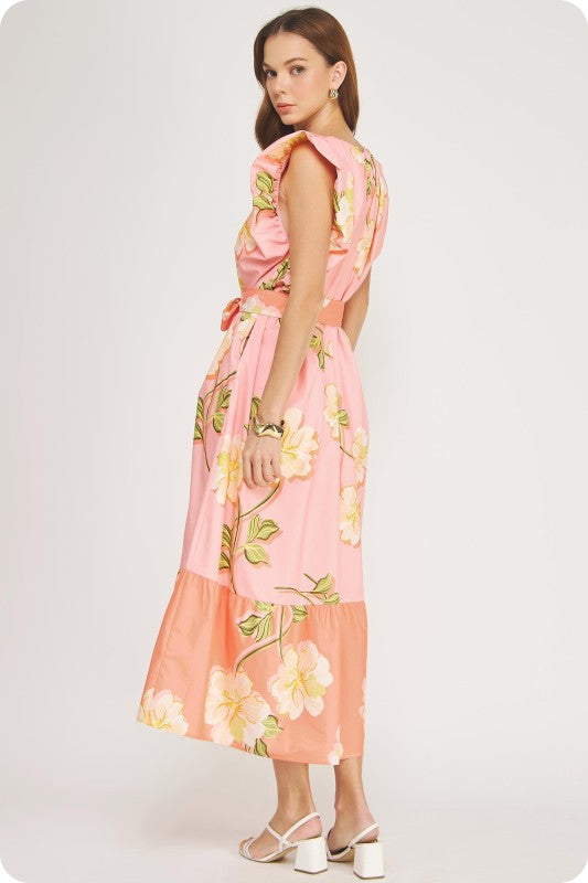 V-neck tropical hibiscus midi dress with ruffle sleeves, a tiered skirt, and a removable sash belt