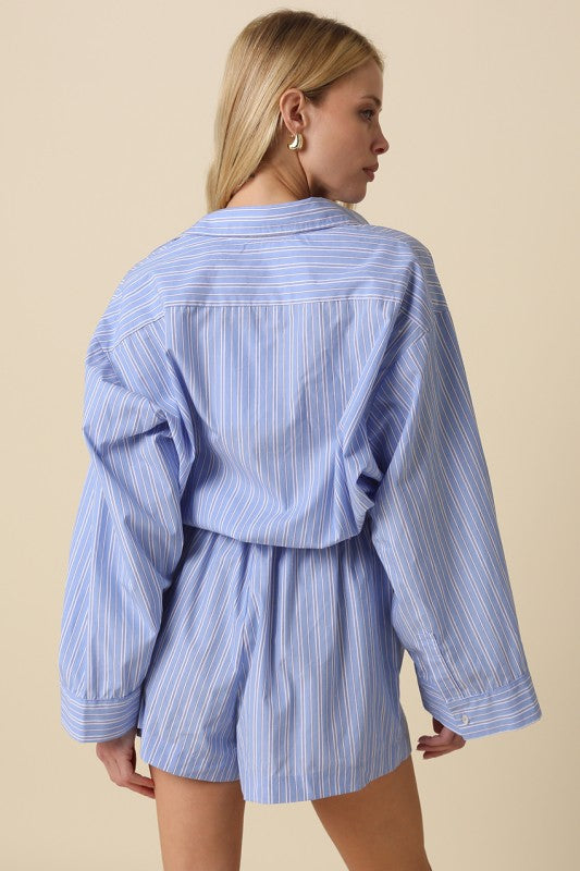 striped cotton shirt romper featuring a button-up front and adjustable drawstring waist