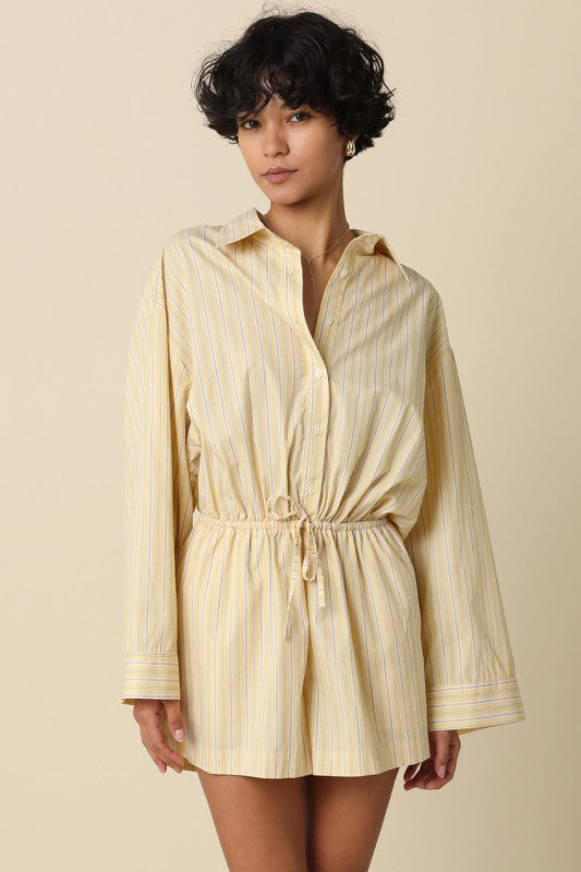 striped cotton shirt romper featuring a button-up front and adjustable drawstring waist
