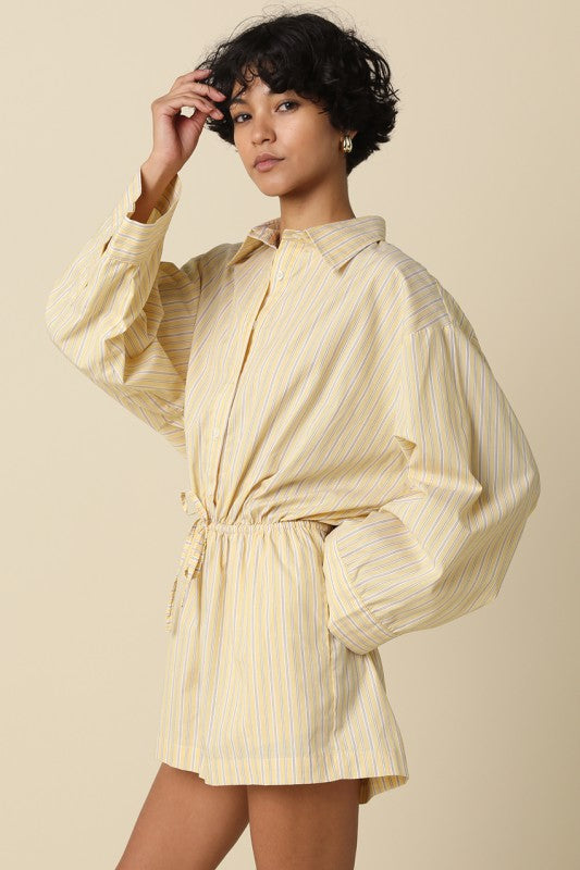 striped cotton shirt romper featuring a button-up front and adjustable drawstring waist