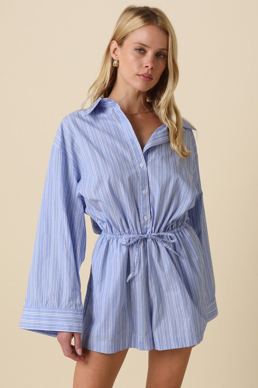 striped cotton shirt romper featuring a button-up front and adjustable drawstring waist