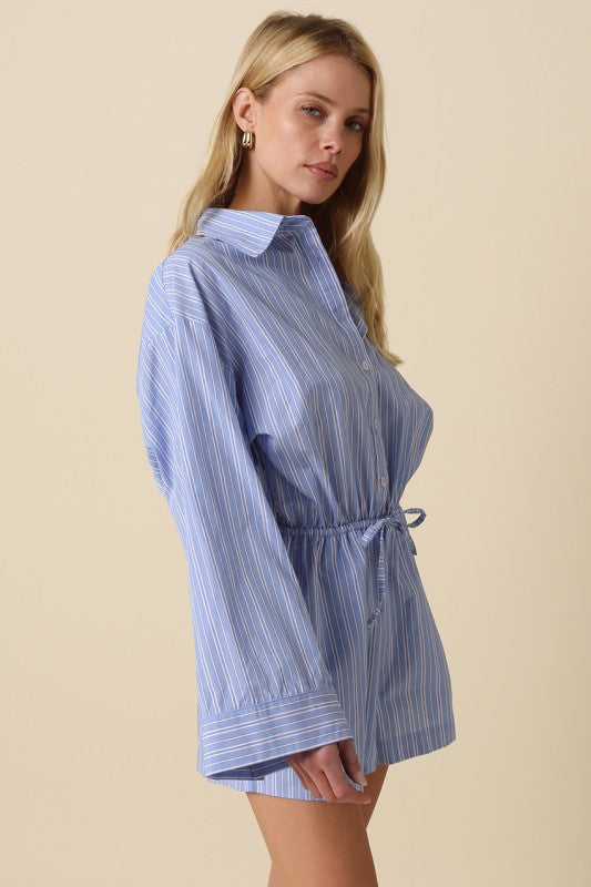 striped cotton shirt romper featuring a button-up front and adjustable drawstring waist
