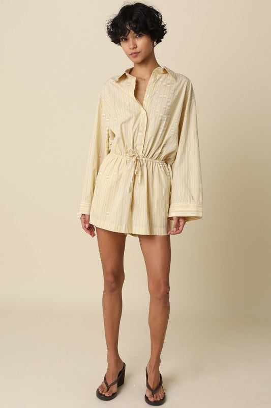 striped cotton shirt romper featuring a button-up front and adjustable drawstring waist