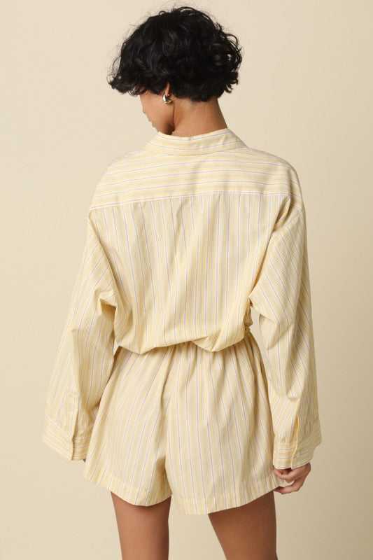 striped cotton shirt romper featuring a button-up front and adjustable drawstring waist