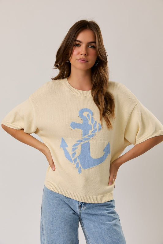 Round neck short sleeve sweater top with anchor graphic