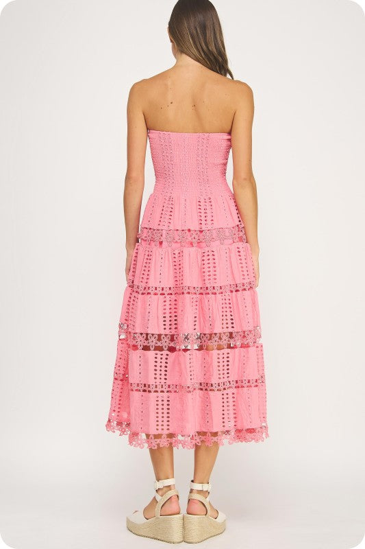 strapless cotton eyelet midi dress with a smocked bodice and scalloped lace trim