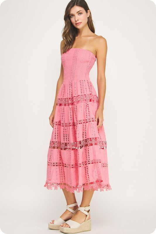 strapless cotton eyelet midi dress with a smocked bodice and scalloped lace trim