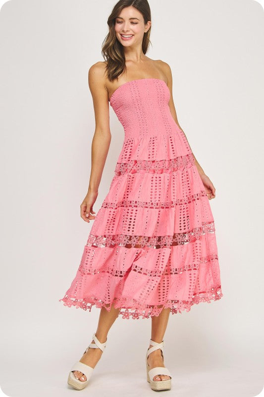 strapless cotton eyelet midi dress with a smocked bodice and scalloped lace trim