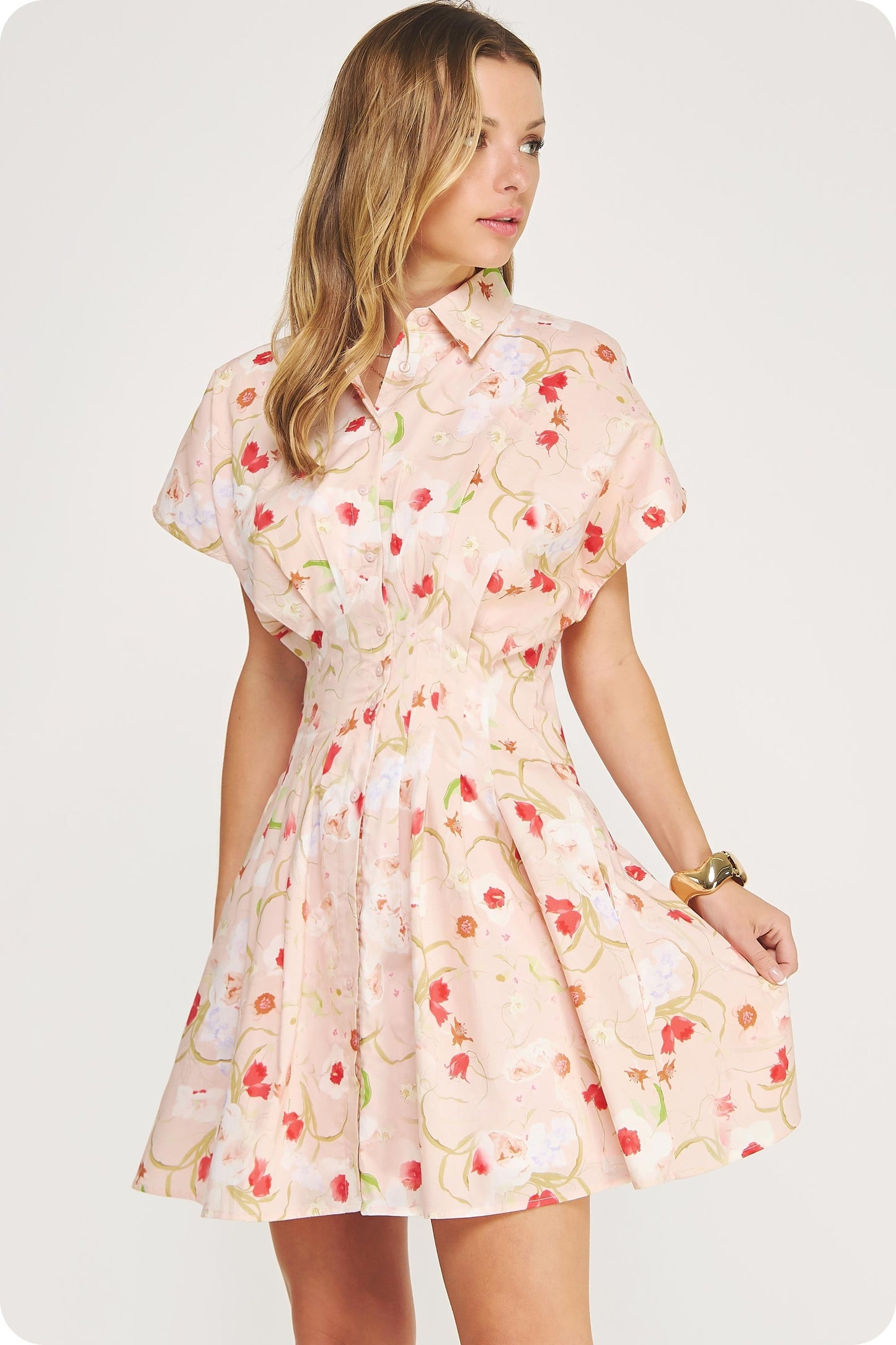 cotton poplin mini shirt dress with a cinched pleated waist, dolman sleeves, and a flared skirt