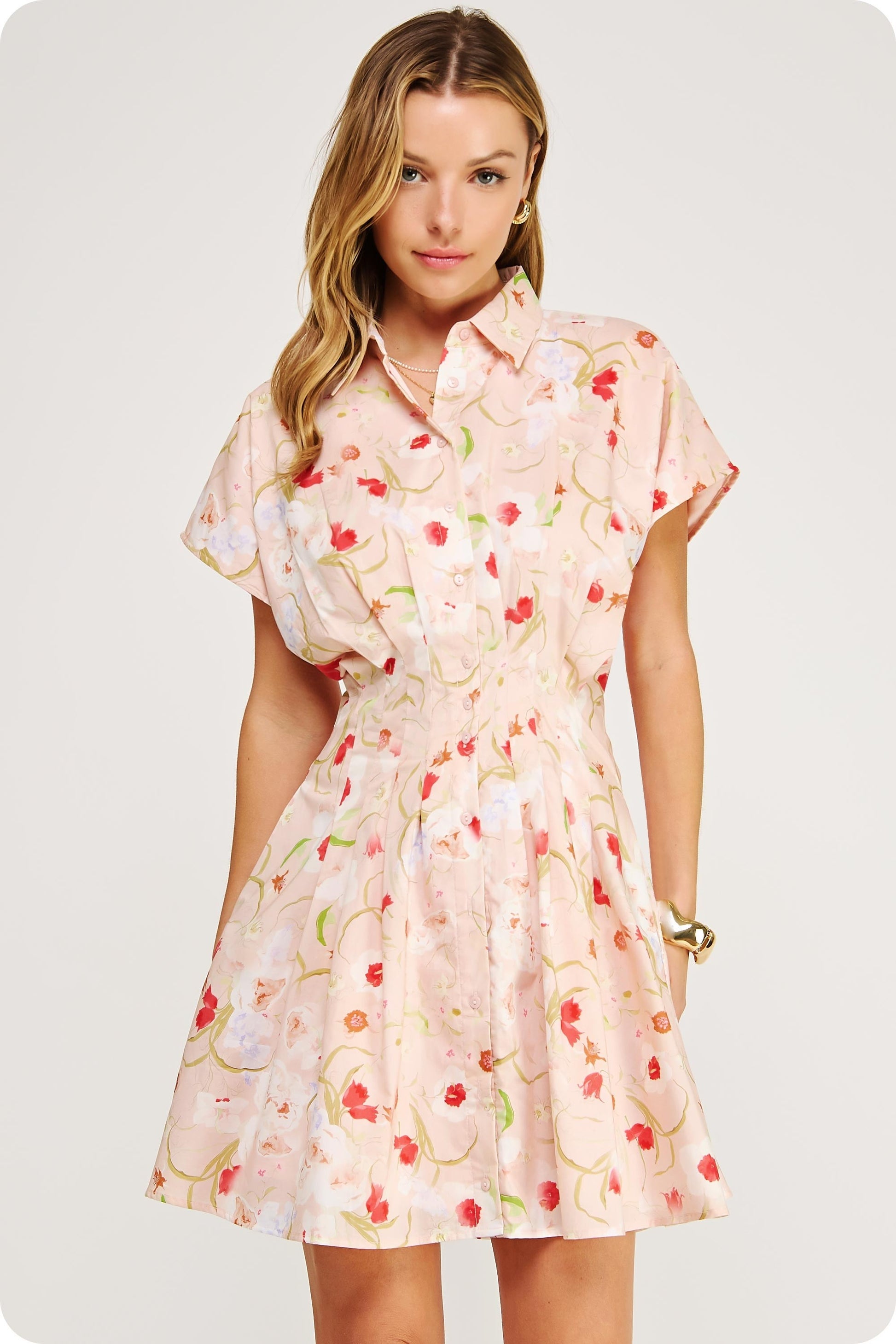 cotton poplin mini shirt dress with a cinched pleated waist, dolman sleeves, and a flared skirt