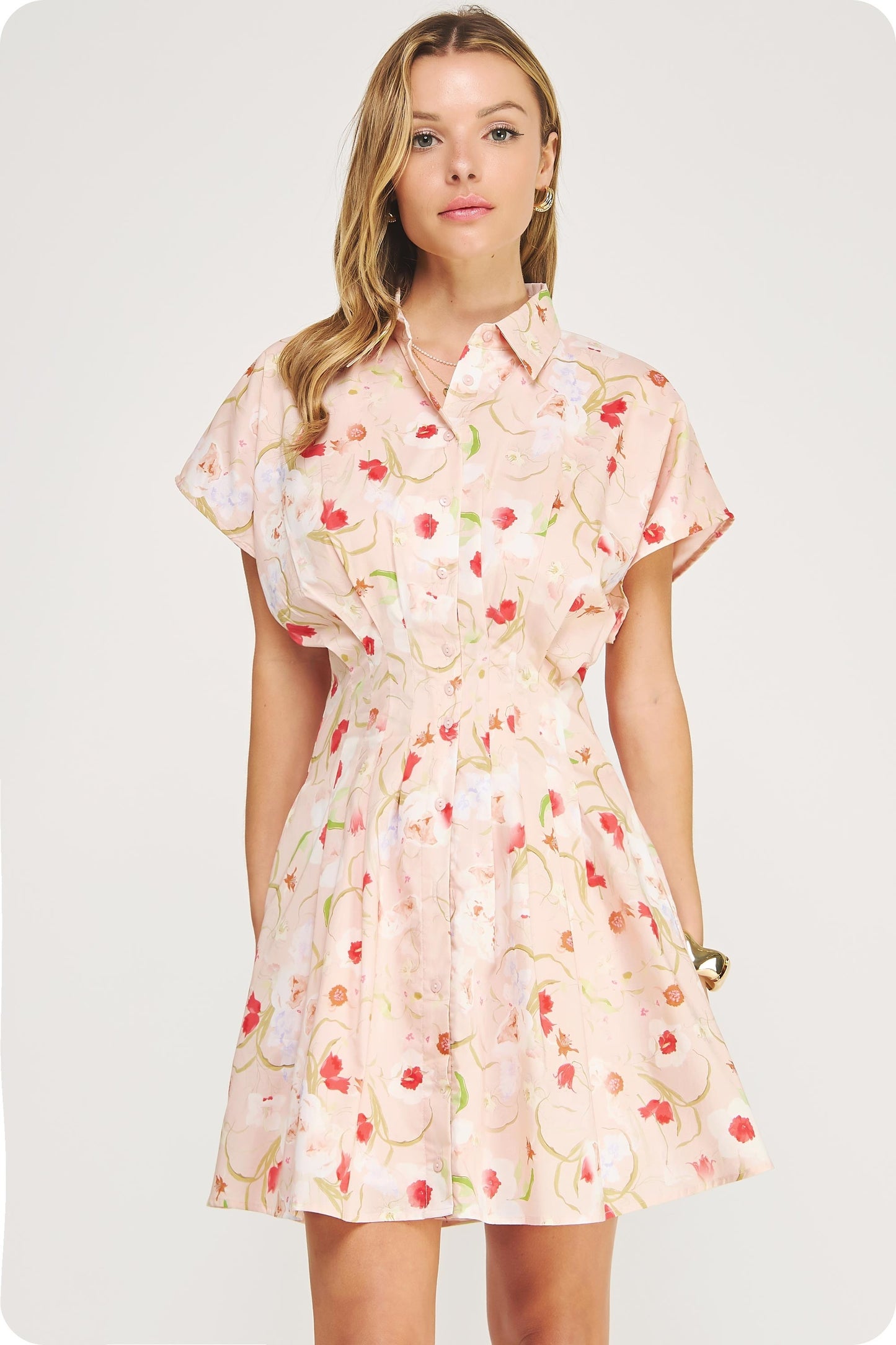 cotton poplin mini shirt dress with a cinched pleated waist, dolman sleeves, and a flared skirt