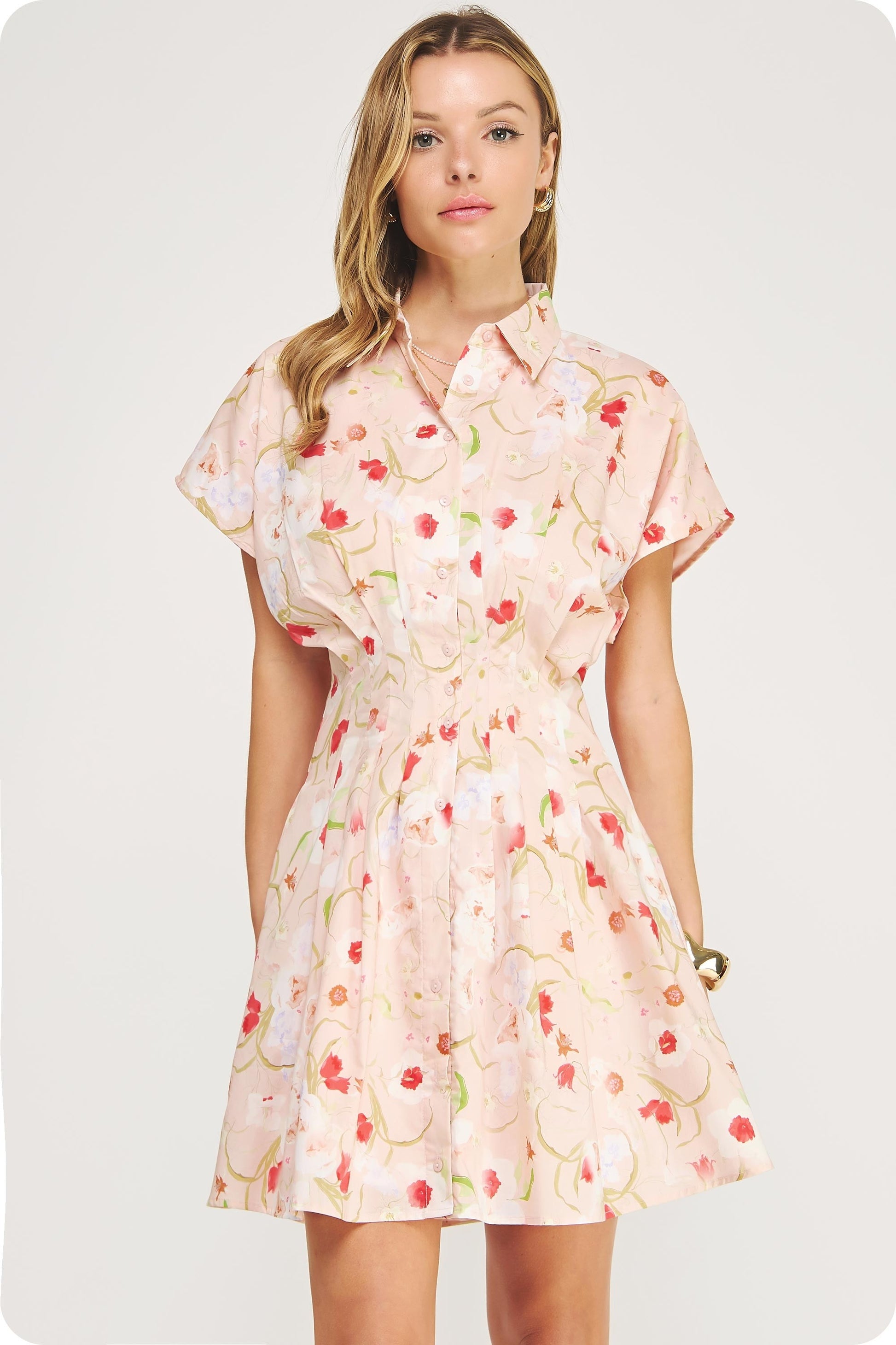 cotton poplin mini shirt dress with a cinched pleated waist, dolman sleeves, and a flared skirt