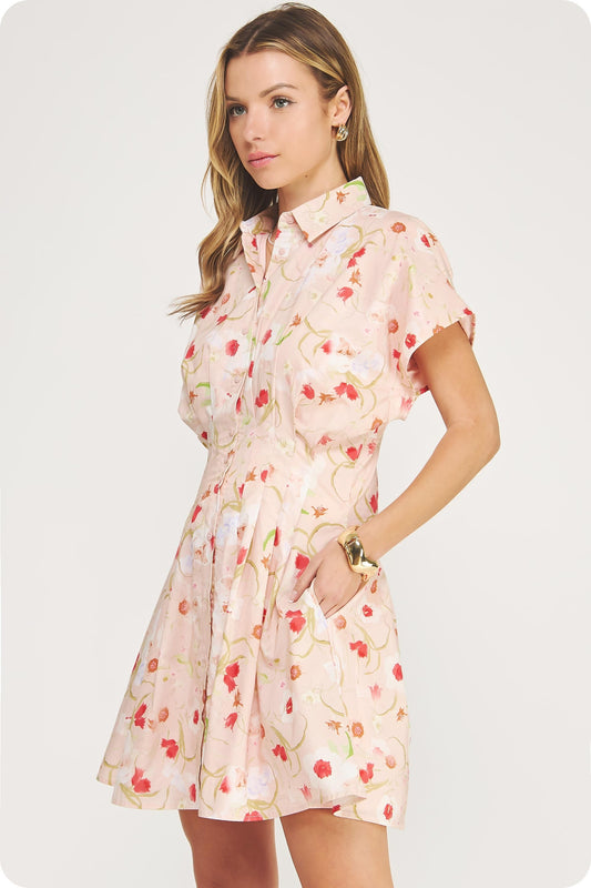 cotton poplin mini shirt dress with a cinched pleated waist, dolman sleeves, and a flared skirt
