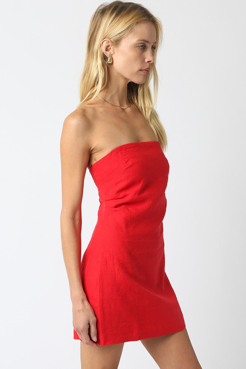 red Strapless Linen Mini Dress