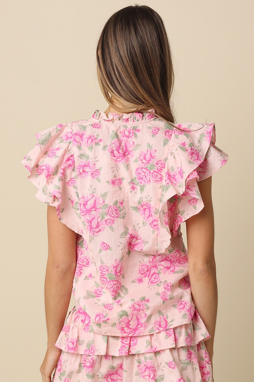 Floral cotton ruffle sleeve blouse
