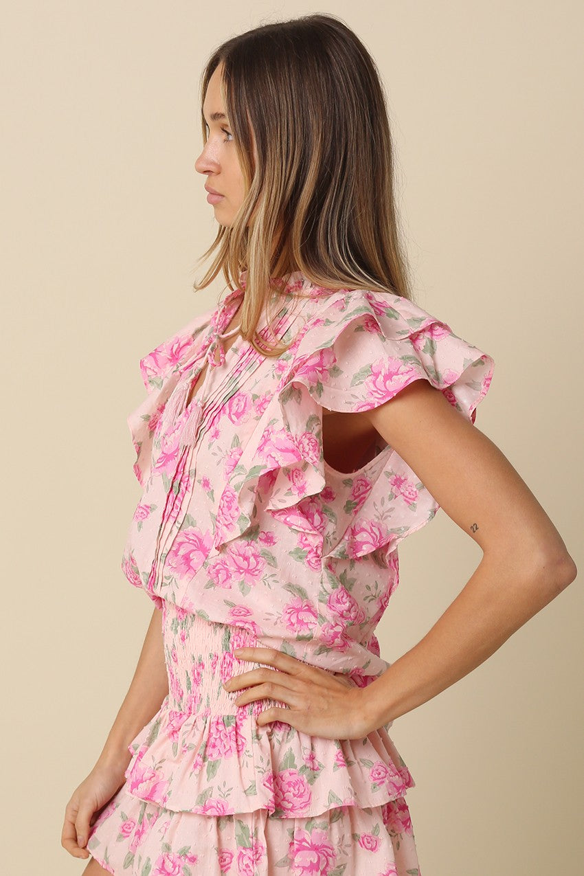 Floral cotton ruffle sleeve blouse