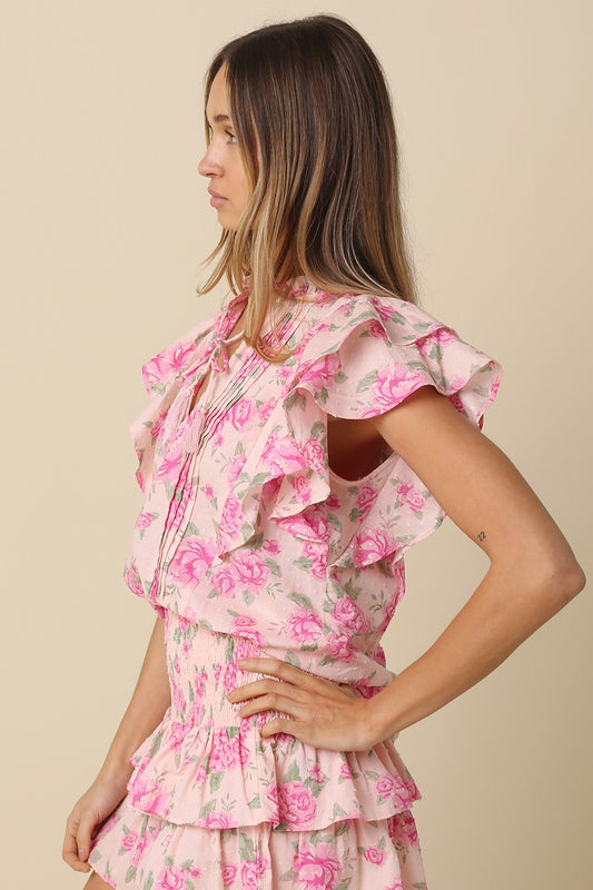 Floral cotton ruffle sleeve blouse