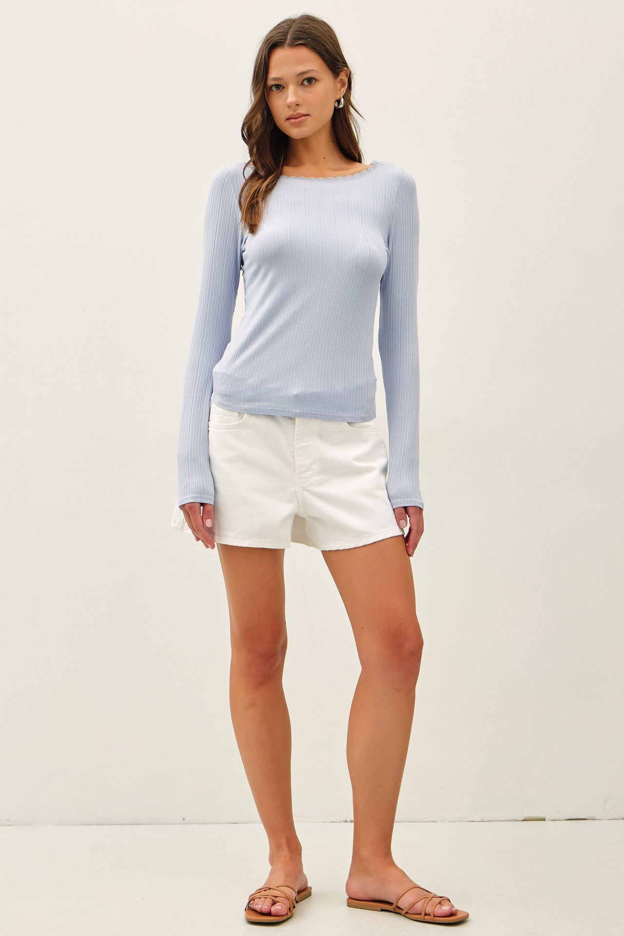 Noa Lace Trim Ribbed Boat Neck Top