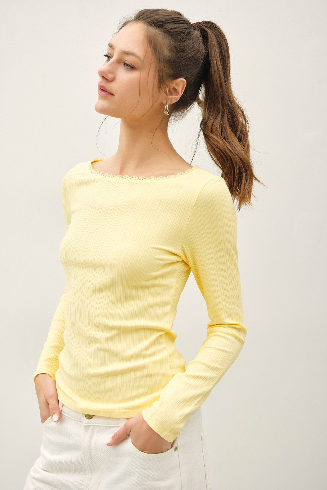 Noa Lace Trim Ribbed Boat Neck Top